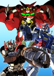 Rule 34 | amakawa mayu, cape, clenched hand, crossover, getter-1, getter robo, green eyes, gun, gundam, highres, holding, holding gun, holding weapon, mazinger (series), mazinger z, mazinger z: infinity, mazinger z (mecha), mecha, mobile suit, mobile suit gundam, multiple crossover, open hands, red cape, robot, rx-78-2, science fiction, shin getter robo, super robot, super robot wars, super robot wars 30, v-fin, weapon, yellow eyes