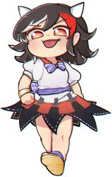 Rule 34 | 1girl, back bow, black hair, blue bow, blue bowtie, bow, bowtie, bracelet, clenched hand, cone horns, fangs, highres, horns, jewelry, kijin seija, linkaluote, looking at viewer, multicolored clothes, multicolored hair, multicolored skirt, red eyes, red hair, sandals, shirt, short hair, short sleeves, skirt, solo, streaked hair, tongue, tongue out, touhou, white hair, white shirt