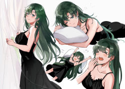 Rule 34 | 1girl, armpits, ass, bare arms, bare shoulders, black dress, blush, breasts, closed eyes, collarbone, commentary, curtains, dress, earrings, fire emblem, fire emblem: the blazing blade, green eyes, green hair, hand up, jewelry, lips, long hair, looking at viewer, lying, lyn (fire emblem), medium breasts, multiple views, nintendo, hugging object, on back, on stomach, one eye closed, open mouth, ormille, pillow, pillow hug, see-through, simple background, sleepy, sleeveless, smile, upper body, yawning