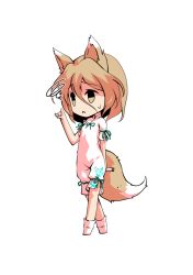 Rule 34 | 1girl, animal ears, black eyes, blonde hair, bow, breasts, brown eyes, chibi, confused, dairi, fox ears, fox tail, full body, green bow, hair between eyes, hand up, jumpsuit, kudamaki tsukasa, looking to the side, open mouth, short hair, short sleeves, simple background, small breasts, socks, solo, standing, tachi-e, tail, test tube, touhou, transparent background, white background, white jumpsuit, white sleeves, white socks