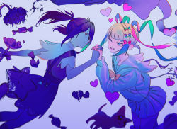 Rule 34 | 2girls, ame-chan (needy girl overdose), blue hair, bow, broken heart, candy, cat, chouzetsusaikawa tenshi-chan, commentary, dual persona, english commentary, floating, flower, food, gradient hair, hair bow, heart, highres, holding hands, huminsho, interlocked fingers, looking at another, medium hair, multicolored hair, multiple girls, multiple hair bows, muted color, nail polish, needy girl overdose, one eye closed, open mouth, pink hair, pleated skirt, sailor collar, school uniform, serafuku, skirt, smile, suspender skirt, suspenders, twintails, withered