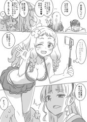Rule 34 | 3girls, @ @, alternate hairstyle, arms on table, bikini, blush, breasts, cellphone, cleavage, comic, embarrassed, fanning face, fanning self, flower, frilled bikini, frills, gradient hair, greyscale, grin, hair flower, hair ornament, hair ribbon, hairband, heanna sumire, hot, long hair, looking down, love live!, love live! superstar!!, marugoshi teppei, medium breasts, monochrome, multicolored hair, multiple girls, one eye closed, onitsuka natsumi, open mouth, outside border, phone, ribbon, sakurakoji kinako, selfie stick, shirt, sleeves rolled up, smile, smug, speech bubble, surprised, sweat, swimsuit, thought bubble, thumbs up, twintails, waving, wavy mouth, white background