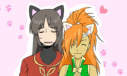 Rule 34 | 1girl, animal ears, bare shoulders, black hair, breasts, cleavage, dalis vincent, dark skin, earrings, closed eyes, heart, jacket, jewelry, long hair, lowres, mary argent, open mouth, orange hair, ponytail, tales of (series), tales of destiny