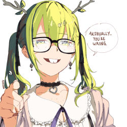 Rule 34 | 1girl, ameiarts, antlers, black choker, buck teeth, ceres fauna, ceres fauna (jirai kei), choker, earrings, green hair, hololive, hololive english, horns, jewelry, looking at viewer, multicolored hair, nerd emoji, official alternate costume, open mouth, pointing, pointing at viewer, simple background, smile, solo, speech bubble, streaked hair, teeth, virtual youtuber, white background