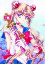 Rule 34 | 1990s (style), 1girl, bad id, bad pixiv id, bishoujo senshi sailor moon, bishoujo senshi sailor moon s, blonde hair, blue eyes, blue sailor collar, blue skirt, bow, brooch, choker, double bun, earrings, elbow gloves, female focus, gloves, gradient background, hair bun, hair ornament, hairpin, heart, heart brooch, jewelry, long hair, magical girl, multicolored eyes, necklace, pink eyes, red bow, retro artstyle, sailor collar, sailor moon, skirt, smile, solo, spiral heart moon rod, tiara, tsukasaki haruko, tsukasaki ryouko, tsukino usagi, twintails, wand, white gloves