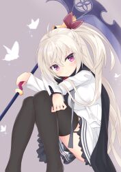 Rule 34 | 1girl, ahoge, akizuki kanna, black cloak, black thighhighs, blush, breasts, bug, butterfly, cafe stella to shinigami no chou, cloak, closed mouth, commentary request, crossed arms, crossed bangs, eyes visible through hair, feet out of frame, frilled skirt, frills, grey background, hair between eyes, hair ribbon, head rest, head tilt, highres, hiyada yuu, holding, holding scythe, impossible clothes, insect, jacket, knees together feet apart, knees up, large breasts, long hair, long sleeves, looking at viewer, purple eyes, red ribbon, ribbon, scythe, shinigami, side ponytail, simple background, sitting, skirt, smile, solo, sparkle, split mouth, thighhighs, tsurime, very long hair, white butterfly, white jacket, white skirt