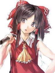 Rule 34 | 1girl, ascot, black hair, blush, bow, brown eyes, geppewi, gohei, hair bow, hair tubes, hakurei reimu, highres, long hair, open mouth, over shoulder, simple background, sketch, sleeveless, solo, touhou, white background
