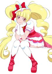 Rule 34 | 1girl, absurdly long hair, blonde hair, blunt bangs, boots, bow, closed mouth, cure macherie, dress, elbow gloves, elbows on knees, eyelashes, frilled thighhighs, frills, fuchi (nightmare), full body, gloves, hair bow, head rest, highres, hugtto! precure, invisible chair, layered dress, leaning forward, long hair, looking at viewer, precure, red bow, red dress, red eyes, red footwear, red lips, short dress, short sleeves, simple background, sitting, smile, solo, thighhighs, twintails, very long hair, white background, white dress, white gloves, white sleeves, white thighhighs, zettai ryouiki