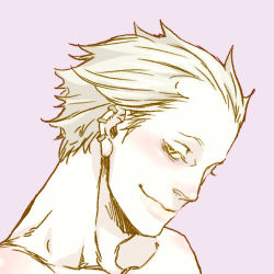 Rule 34 | 1boy, bad id, bad pixiv id, blonde hair, blush, dark persona, earrings, jewelry, looking at viewer, lowres, male focus, mat070, muscular, pale skin, persona, persona 4, pink background, portrait, seductive smile, short hair, simple background, smile, solo, tatsumi kanji, yellow eyes