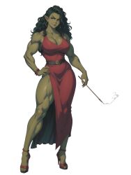 Rule 34 | 1girl, biceps, black hair, breasts, cigarette holder, cleavage, colored skin, curvy, dress, earrings, female orc, femme fatale, full body, green skin, high heels, highres, jewelry, large breasts, long hair, mole, mole under eye, muscular, muscular female, non-web source, orc, original, pointy ears, red dress, red lips, red nails, seductive smile, smile, smirk, smoking, solo, thighs, white background