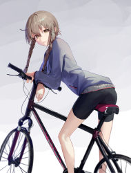 Rule 34 | 1girl, absurdres, amane suzuha, arm support, ass, bare legs, bicycle, bike shorts, blue jacket, braid, brown hair, closed mouth, feet out of frame, from behind, gradient background, grey background, highres, jacket, leaning forward, long sleeves, looking at viewer, looking back, mac star, smile, solo, steins;gate, track jacket, twin braids, yellow eyes