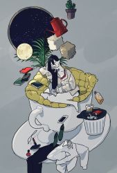 Rule 34 | 1girl, bare legs, barefoot, black hair, book, bottle, chair, cup, floating, glasses, grey background, hasha, highres, long hair, long sleeves, moon, open book, original, phone, plant, plate, potted plant, reading, shirt, sitting, solo, surreal, white shirt, wide shot