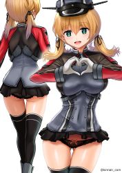 Rule 34 | 1girl, :d, aqua eyes, black panties, black skirt, black thighhighs, blonde hair, commentary request, gloves, hair between eyes, hat, heart, heart-shaped pupils, heart hands, highres, kantai collection, kinnan, long hair, long sleeves, low twintails, microskirt, military, military uniform, multiple views, open mouth, panties, peaked cap, pleated skirt, prinz eugen (kancolle), revision, simple background, skirt, smile, symbol-shaped pupils, thighhighs, twintails, twitter username, underwear, uniform, white background, white gloves