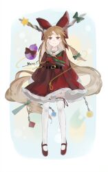 Rule 34 | 1girl, belt, black belt, bow, brown footwear, chain, christmas, closed mouth, commentary request, full body, gourd, hair bow, highres, horns, ibuki suika, long hair, long sleeves, merry christmas, o (crazyoton46), oni horns, orange eyes, orange hair, red bow, santa costume, shoes, smile, solo, thighhighs, touhou, white thighhighs