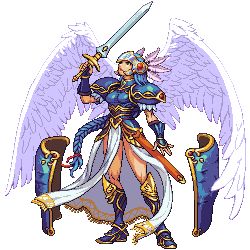 Rule 34 | 1girl, armor, armored boots, armored dress, blue armor, blue eyes, boots, braid, feathered wings, feathers, helmet, lenneth valkyrie, low-braided long hair, low-tied long hair, lowres, omegachaino, pixel art, shoulder armor, sword, transparent background, valkyrie, valkyrie profile (series), weapon, winged helmet, wings