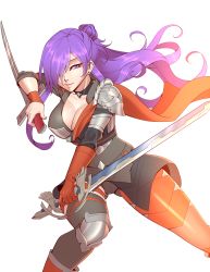 Rule 34 | 1girl, armor, asymmetrical clothes, breasts, cape, cleavage, cleru (cleruuuuu), collar, dual wielding, ear piercing, fire emblem, fire emblem: three houses, fire emblem warriors: three hopes, gloves, hair bun, hair over one eye, highres, holding, holding weapon, large breasts, looking at viewer, nintendo, piercing, purple eyes, purple hair, shez (female) (fire emblem), shez (fire emblem), simple background, single glove, single hair bun, smile, solo, sword, thighhighs, wavy hair, weapon