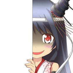 Rule 34 | 10s, 1girl, black hair, blush, fusou (kancolle), fusou kai ni (kancolle), hair ornament, japanese clothes, kantai collection, looking at viewer, nagineko, open mouth, peeking out, red eyes, shaded face, smile, solo, transparent background
