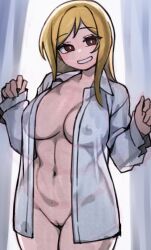 Rule 34 | 1girl, blonde hair, breasts, bright pupils, cleft of venus, commentary request, covered erect nipples, groin, head tilt, idolmaster, idolmaster million live!, indoors, kwaejina, large breasts, long hair, long sleeves, looking at viewer, momose rio, naked shirt, navel, nude, open clothes, open shirt, shirt, smile, solo, stomach, uncensored, white pupils, white shirt