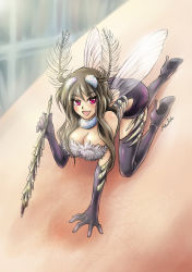 Rule 34 | 1girl, antennae, breasts, brown hair, bug, cleavage, elbow gloves, gloves, bug, arthropod girl, large breasts, long hair, monster girl, mosquito, open mouth, purple eyes, sting, stinger, wings