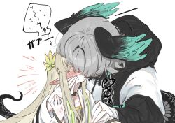 Rule 34 | !?, 2girls, anger vein, arknights, black choker, black jacket, blush, choker, coat, collarbone, commentary, ear blush, elf, feathered wings, fingerless gloves, gloves, green hair, head wings, highres, ho&#039;olheyak (arknights), jacket, kiss, laurel crown, long hair, muelsyse (arknights), multicolored clothes, multicolored jacket, multiple girls, pointy ears, short hair, sidelocks, simple background, size difference, snake tail, spoken interrobang, tail, translation request, two-tone jacket, upper body, white background, white coat, white gloves, white jacket, wings, yunomi (yunomi1129), yuri