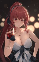 Rule 34 | 1girl, bare shoulders, black gloves, breasts, cleavage, cup, drinking glass, gloves, greenkohgen, hand on own hip, highres, large breasts, long hair, looking at viewer, mole, mole under eye, punishing: gray raven, red hair, smile, solo, vera: garnet (punishing: gray raven), vera (punishing: gray raven), wine glass