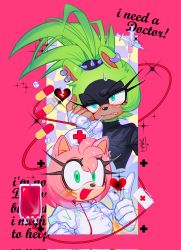 Rule 34 | 2girls, 3mia hadi3, amy rose, annoyed, aqua eyes, black shirt, blood, blood bag, blush, breasts, cable, clenched hand, commentary, ear piercing, english commentary, finger gun, fingerless gloves, furry, furry female, gloves, green hair, hat, head tilt, heart, highres, jacket, looking at viewer, medium breasts, multiple girls, nurse, nurse cap, open mouth, piercing, pill, ponytail, shirt, smile, sonic (series), sonic the hedgehog (idw), sparkle, spikes, surge the tenrec, sweatdrop, syringe, white gloves, white jacket