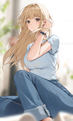 Rule 34 | 1girl, blonde hair, blue pants, blurry, blurry background, blurry foreground, breasts, brown eyes, denim, depth of field, hand up, highres, large breasts, long hair, looking at viewer, open mouth, original, pants, shirt, short sleeves, sitting, sitting sideways, solo, sweatdrop, tachibana (hcimup), watch, white shirt, wristwatch