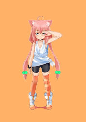 Rule 34 | 1girl, ahoge, animal ear fluff, animal ears, asymmetrical legwear, bare arms, bare shoulders, bike shorts, black shorts, blue eyes, blush stickers, boots, collarbone, commentary request, hair between eyes, hair bobbles, hair ornament, highres, hinata channel, iga tamaki, long hair, low-tied long hair, low twintails, nekomiya hinata, orange background, orange thighhighs, parted lips, pink hair, shirt, shorts, simple background, smirk, solo, standing, striped clothes, striped thighhighs, tank top, thighhighs, twintails, uneven legwear, very long hair, virtual youtuber, white footwear, white shirt