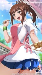 Rule 34 | 1girl, :d, apron, blue skirt, blunt bangs, blurry, blurry background, brown eyes, brown hair, copyright name, cowboy shot, day, floating hair, food, highres, holding, ikkitousen, long hair, miniskirt, official art, open mouth, outdoors, pink apron, pleated skirt, ponytail, see-through, see-through sleeves, shirt, short sleeves, skirt, smile, solo, standing, takoyaki, white shirt, yagyu mitsuyoshi