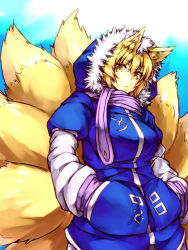 Rule 34 | 1girl, :&lt;, adapted costume, alternate costume, animal ears, blonde hair, breasts, female focus, fox ears, fox tail, hands in pockets, hood, jacket, melon22, multiple girls, multiple tails, no headwear, no headwear, scarf, short hair, solo, tail, touhou, winter clothes, yakumo ran, yellow eyes