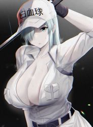 Rule 34 | 1girl, arm behind head, arm up, baseball cap, belt, black background, black gloves, breasts, cleavage, colored skin, covered eyes, fingerless gloves, gloves, gradient background, grey eyes, hat, hataraku saibou, hataraku saibou black, holding, holding weapon, large breasts, leg belt, legs, looking at viewer, open clothes, open shirt, shirt, simple background, solo, tsukunendo, u-1196, weapon, white blood cell (hataraku saibou), white hair, white shirt, white skin
