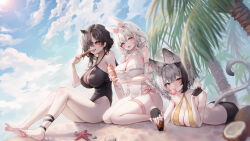 Rule 34 | 3girls, animal ears, bare shoulders, barefoot, beach, bikini, black bikini, black hair, blue sky, blush, breasts, casual one-piece swimsuit, cat ears, cat girl, cleavage, cloud, cloudy sky, day, feet, fingerless gloves, gloves, grey hair, halterneck, highres, large breasts, long hair, looking at viewer, mole, mole under eye, multicolored hair, multiple girls, nail polish, no panties, ocean, one-piece swimsuit, open mouth, outdoors, palm leaf, palm tree, sand, shiro albino, shirt, short hair, sitting, sky, smile, starfish, sun, swimsuit, tail, tight clothes, tight shirt, tree, white hair, white swimsuit, yellow eyes