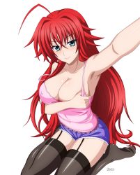 Rule 34 | 1girl, bare shoulders, blue eyes, breasts, cleavage, covered erect nipples, demon girl, high school dxd, highres, large breasts, long hair, looking at viewer, red hair, rias gremory, selfie, sicnesse, sitting, smile, solo, thighhighs