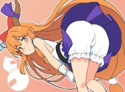 Rule 34 | 1girl, ass, bare arms, bare shoulders, belt, bent over, black belt, bloomers, blouse, blush, bow, commentary request, feet out of frame, gourd, hair bow, horn ornament, horn ribbon, horns, ibuki suika, long hair, looking at viewer, low-tied long hair, one-hour drawing challenge, oni, oni horns, orange background, orange hair, parted lips, pointy ears, purple ribbon, purple skirt, red bow, ribbon, shirt, sidelocks, simple background, skirt, sleeveless, sleeveless shirt, solo, standing, taketora suzume, thighs, touhou, underwear, very long hair, white bloomers, white shirt, wrist cuffs, yellow eyes