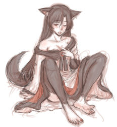Rule 34 | 1girl, animal ears, bare shoulders, barefoot, black thighhighs, breasts, brooch, brown hair, cleavage, collar tug, collarbone, feet, full body, fur, imaizumi kagerou, jewelry, kuro suto sukii, limited palette, long hair, long sleeves, nail polish, off shoulder, red eyes, shirt, simple background, sitting, sketch, skirt, soles, solo, tail, thighhighs, toenail polish, toenails, toes, tongue, tongue out, touhou, very long hair, werewolf, wide sleeves, wolf ears, wolf tail