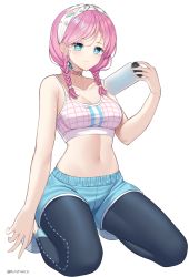 Rule 34 | 1girl, absurdres, arknights, bare shoulders, black pants, blue eyes, blue poison (arknights), blue poison (shoal beat) (arknights), blue shorts, bottle, braid, breasts, choker, cleavage, collarbone, commentary, crop top, full body, hair between eyes, hairband, hand up, highres, holding, holding bottle, kneeling, leggings, long hair, long sleeves, looking at viewer, medium breasts, midriff, navel, o-ring, o-ring choker, official alternate costume, open clothes, pants, pink choker, pink hair, pink sports bra, rynzfrancis, shadow, shoes, shorts, simple background, smile, solo, spaghetti strap, sports bra, twin braids, twintails, water bottle, white background, white footwear