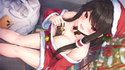 Rule 34 | 1girl, :d, absurdres, bare shoulders, bell, belt, between breasts, black choker, black hair, blurry, bow, bowtie, breasts, choker, christmas, christmas tree, cleavage, collarbone, depth of field, dress, from above, fur trim, hair ornament, hat, highres, large breasts, long hair, looking at viewer, looking up, naughty face, object on breast, off-shoulder dress, off shoulder, open mouth, original, red dress, red eyes, red hat, sack, santa costume, santa hat, short dress, smile, solo, thighs, tsuchikure, v-shaped eyebrows