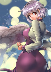 Rule 34 | 1girl, artist name, ass, blurry, bokeh, braid, breasts, clenched hand, cowboy shot, curvy, depth of field, eyebrows, feathered wings, feathers, female focus, flower, from behind, jacket, kishin sagume, large breasts, long sleeves, looking at viewer, looking back, open clothes, open jacket, own hands together, parted lips, purple skirt, red eyes, signature, single wing, skin tight, skirt, skirt set, solo, sparkle, touhou, umigarasu (kitsune1963), white hair, white wings, wide hips, wings