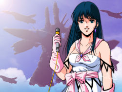 Rule 34 | 1980s (style), 1girl, aircraft, airplane, black hair, blue eyes, choujikuu yousai macross, cloud, day, dress, flying, gloves, grin, jet, long hair, looking at viewer, lynn minmay, macross, macross: do you remember love?, mecha, microphone, oldschool, retro artstyle, robot, sdf-1, smile, solo, spacecraft, starfighter, storm attacker, tachibana kazuto, vf-1