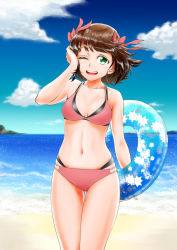 Rule 34 | 1girl, ;d, absurdres, amami haruka, bare arms, bare shoulders, beach, bikini, blue sky, blush, bow, breasts, breasts apart, brown hair, cowboy shot, day, green eyes, hair bow, hair ribbon, highres, holding, holding swim ring, horizon, idolmaster, idolmaster (classic), innertube, looking at viewer, navel, one eye closed, open mouth, outdoors, pink bikini, pink bow, pink ribbon, ribbon, sand, short hair, sky, smile, solo, standing, stomach, swim ring, swimsuit, thigh gap, todoroki convoy, water