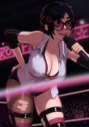 1girl absurdres black_eyes black_hair breasts cleavage crowd elbow_sleeve glasses hair_ornament hanging_breasts highres holding holding_microphone large_breasts leaning_forward microphone original pantyhose pink-tinted_eyewear pink_thighhighs ponytail rosen_(veyonis) shirt single_leg_pantyhose skindentation sleeveless sleeveless_shirt sunglasses talking thighhighs tied_shirt tinted_eyewear torn_clothes torn_pantyhose veyonis wrestling wrestling_outfit wrestling_ring