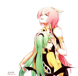 Rule 34 | 10s, 2014, 2girls, armlet, artist name, biting, blood, blue eyes, bracelet, dated, funkid, green eyes, green hair, hatsune miku, jewelry, long hair, lots of jewelry, megurine luka, multiple girls, neck biting, pink hair, twintails, vampire, very long hair, vocaloid, white background