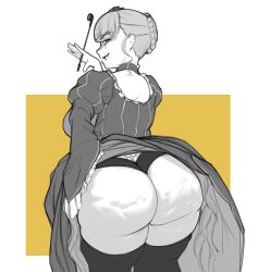Rule 34 | 1girl, ass, beatrice (umineko), blue eyes, cellulite, clothes lift, dress, dress lift, from behind, highres, huge ass, looking at viewer, looking back, massgrave art, open mouth, panties, simple background, solo, umineko no naku koro ni, underwear