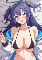 Rule 34 | 1girl, bed sheet, bikini, black bikini, blue archive, blush, breasts, cleavage, collarbone, covered erect nipples, hair between eyes, halo, jacket, large breasts, long hair, long sleeves, looking at viewer, mechanical halo, navel, open clothes, open jacket, open mouth, purple eyes, purple hair, rin ateria, solo, swimsuit, two-sided fabric, two-sided jacket, two side up, upper body, white jacket, yuuka (blue archive)
