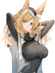 Rule 34 | 1girl, animal ears, arknights, blonde hair, blue eyes, breasts, closed mouth, hand in own hair, hat, highres, horse ears, large breasts, long hair, long sleeves, looking at viewer, mikozin, simple background, upper body, whislash (arknights), white background
