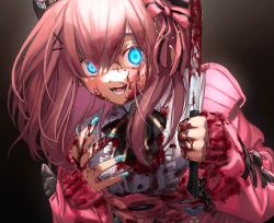 Rule 34 | 1girl, :3, :d, black background, black bow, black bowtie, blood, blood on face, blood on hands, bloody weapon, blouse, blue eyes, blue nails, blue pupils, blush, bow, bowtie, breasts, center frills, commentary, crazy eyes, crazy smile, dress shirt, eyebrows hidden by hair, fingernails, frills, glowing, glowing eyes, gradient background, hair between eyes, hair bow, hair ornament, hairclip, hands up, holding, holding knife, holding weapon, horror (theme), knife, long hair, long sleeves, looking at viewer, medium breasts, nail polish, nijisanji, off shoulder, open mouth, pink bow, pink hair, pink sweater, shirt, simple background, sleeves past wrists, smile, solo, striped, striped bow, suzuhara lulu, sweater, tamayume, teeth, upper body, virtual youtuber, weapon, white shirt, x hair ornament