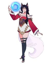 Rule 34 | 1girl, ahri (league of legends), animal ears, bare shoulders, bead bracelet, beads, black hair, black thighhighs, bracelet, breasts, cleavage, detached sleeves, facial mark, fingernails, fox ears, fox tail, full body, highres, jewelry, korean clothes, large breasts, league of legends, long hair, looking at viewer, nail polish, odeko yma, red nails, sharp fingernails, smile, solo, tail, thighhighs, whisker markings, yellow eyes