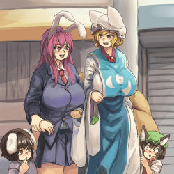 Rule 34 | 4girls, animal ears, animal hat, bag, black eyes, blazer, blonde hair, blush, breasts, brown hair, chanta (ayatakaoisii), chen, collared shirt, dress, fang, finger in own mouth, fox tail, green hat, hand grab, hat, height difference, highres, huge breasts, inaba tewi, jacket, large breasts, long hair, long sleeves, mob cap, multiple girls, multiple tails, necktie, open mouth, outdoors, pink hair, pleated skirt, purple hair, rabbit ears, red eyes, red necktie, red vest, reisen udongein inaba, shirt, shopping, shopping bag, short hair, sidelocks, skirt, slit pupils, smile, standing, tail, talking, teeth, thighs, tongue, touhou, vest, walking, white dress, white shirt, wide sleeves, yakumo ran, yellow eyes