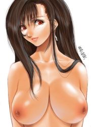 Rule 34 | 1990s (style), 1girl, artist name, black hair, breasts, earrings, female focus, final fantasy, final fantasy vii, huge breasts, jewelry, large breasts, lips, long hair, looking at viewer, nipples, red eyes, retro artstyle, simple background, solo, tifa lockhart, topless frame, upper body, walnov, white background