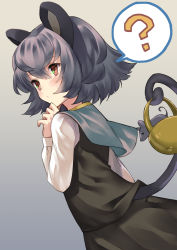 Rule 34 | 1girl, ?, animal, animal ears, basket, black skirt, brown eyes, capelet, gradient background, grey background, grey hair, hand on own chin, hand up, highres, long sleeves, looking to the side, mouse (animal), mouse ears, mouse tail, nazrin, nuqura, skirt, skirt set, solo, spoken question mark, tail, touhou, vest